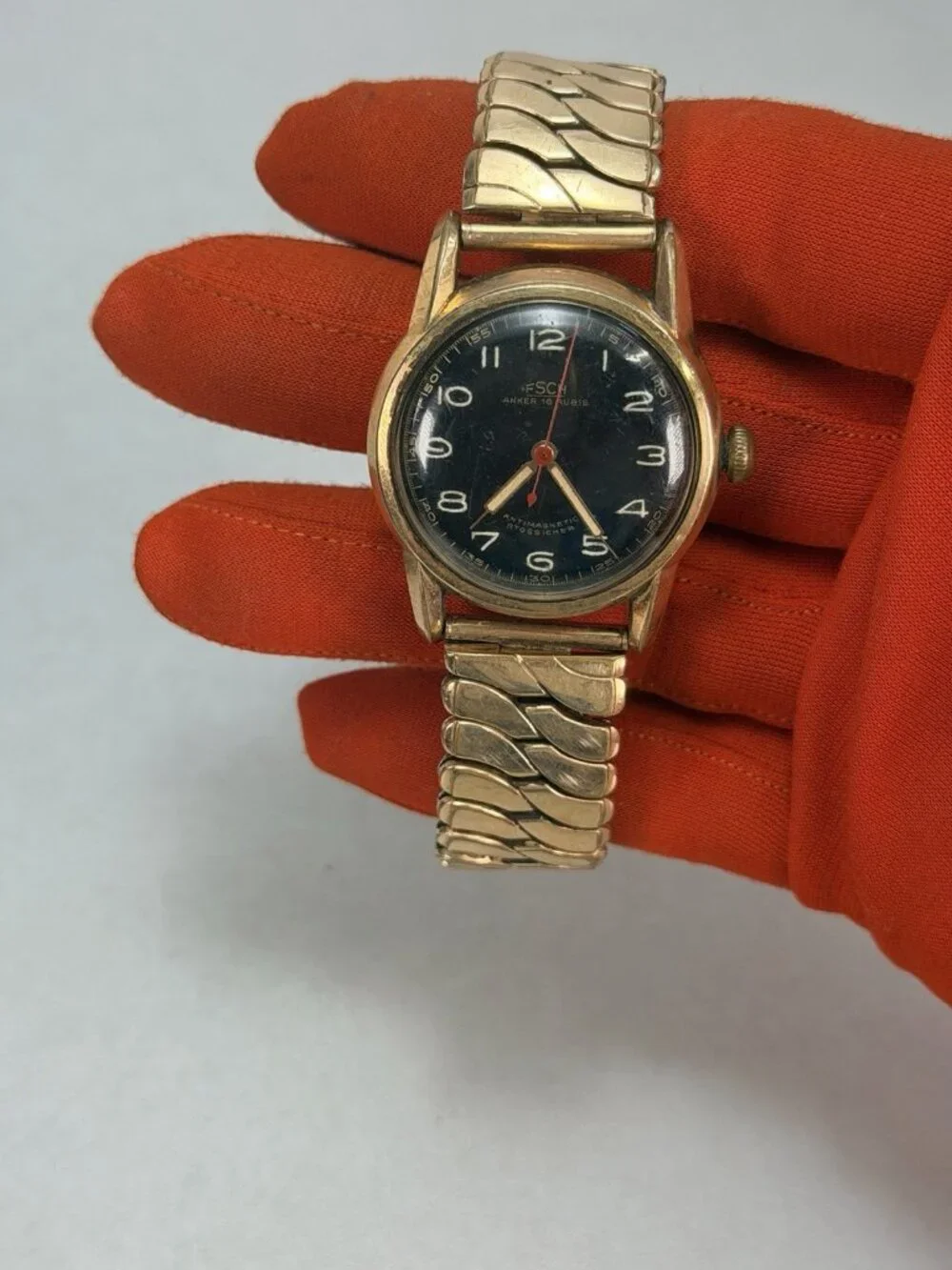 Vintage Germany FSCH Anker 16 Rubis Mechanical Watch Black Dial Runs